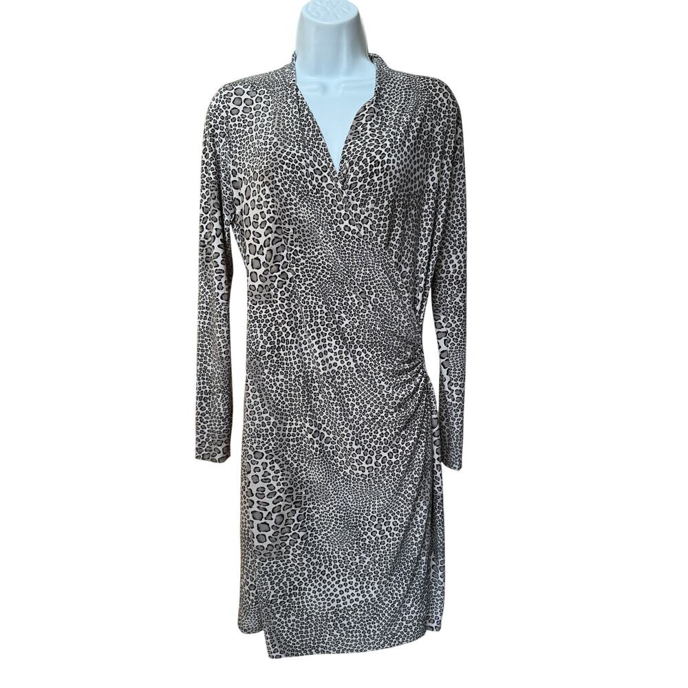 Norma Kamali Gray Leopard Faux Wrap Stretch Knit S Dress MSRP $250
